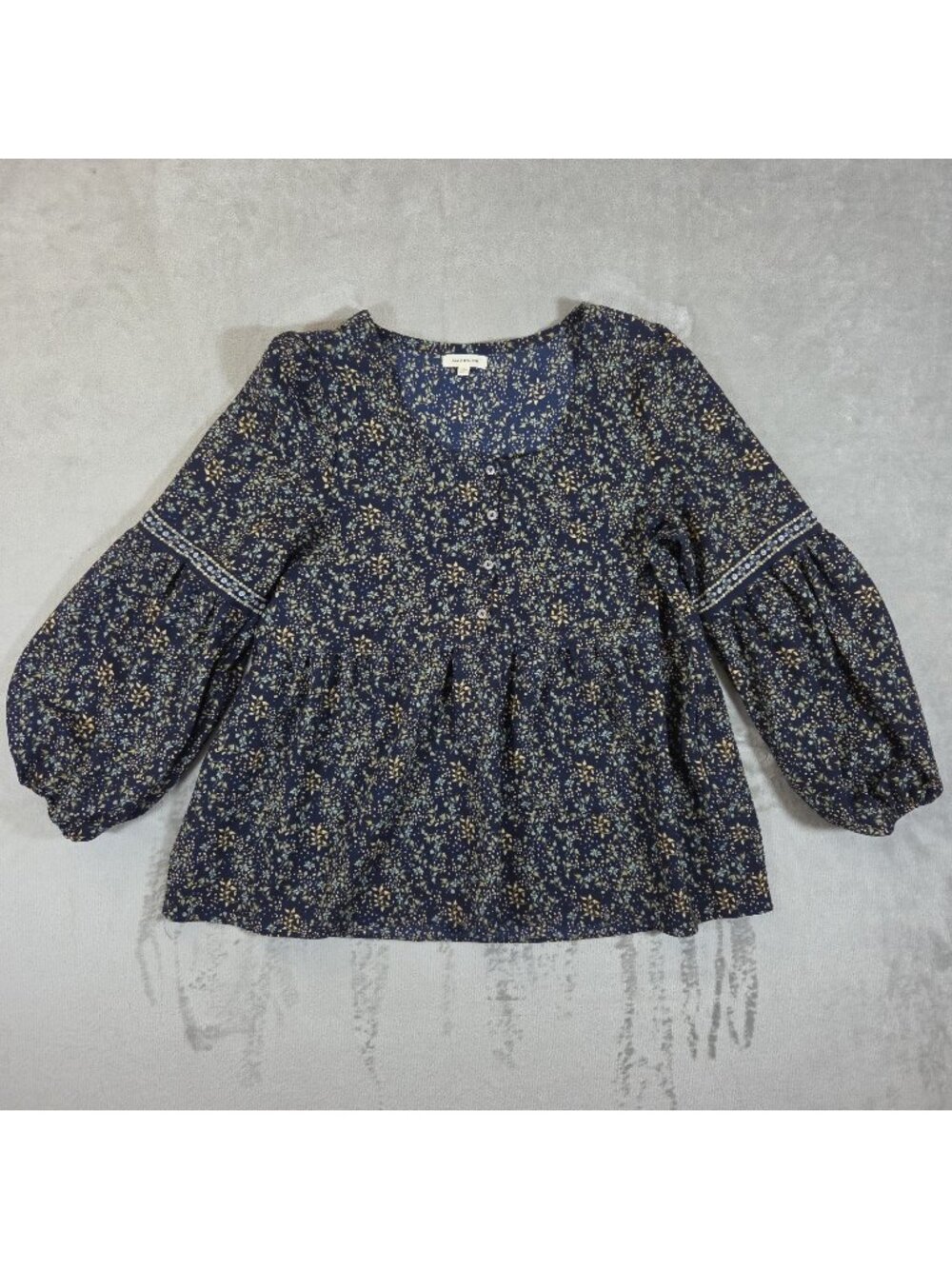 Max Studio Navy Blue Ditsy Floral Ballon Sleeve Peasant Blouse Size Large